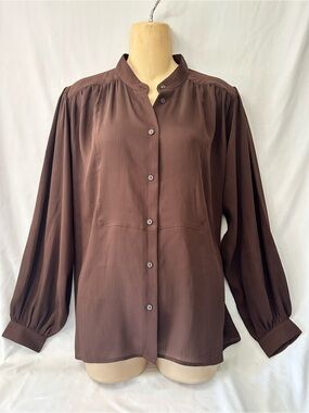 Uniqlo Dark Brown Band-Collar Button-Down Blouse